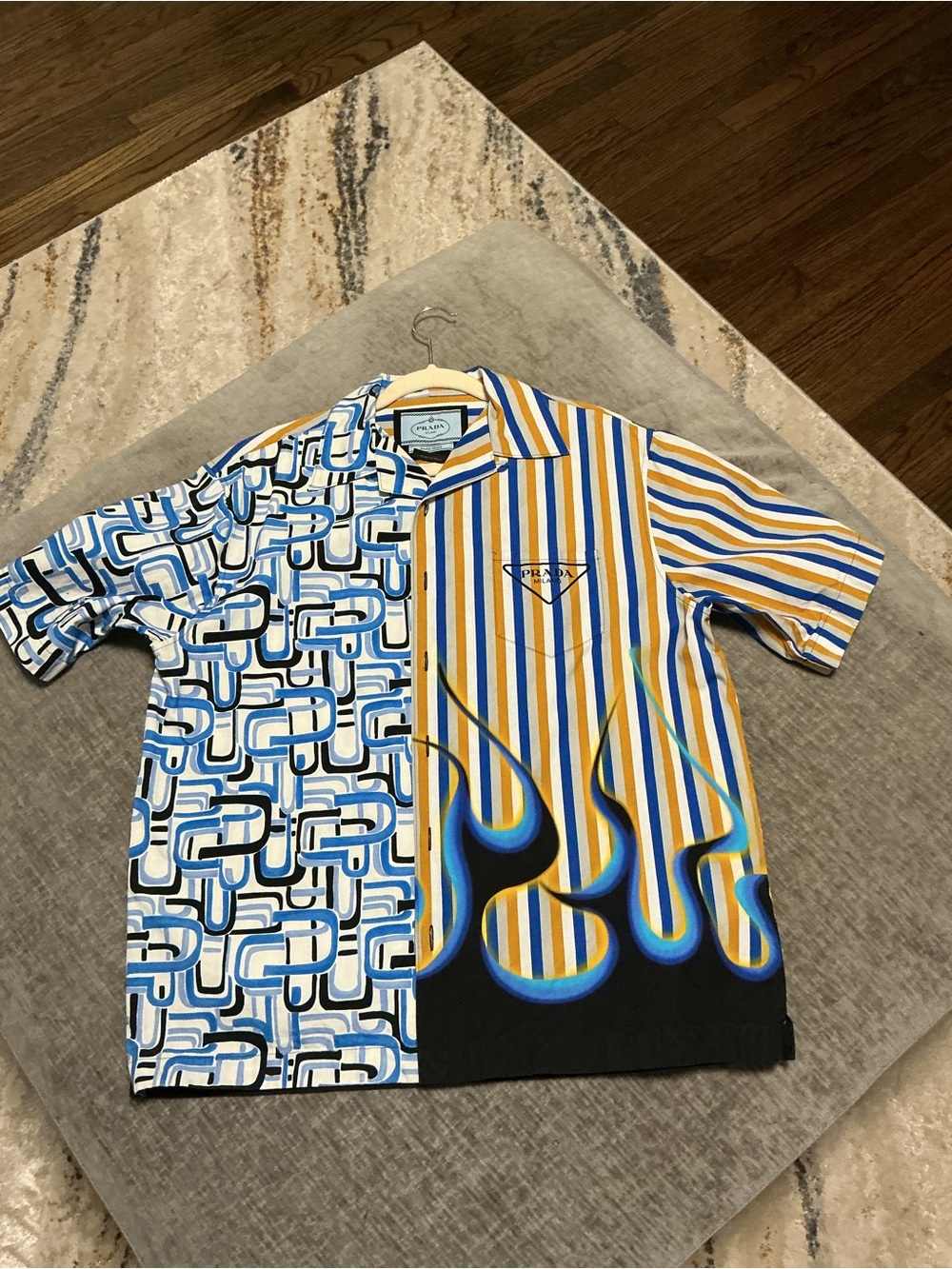 Prada Blue, Yellow & White Mixed-Pattern Short-Sleeve Polo